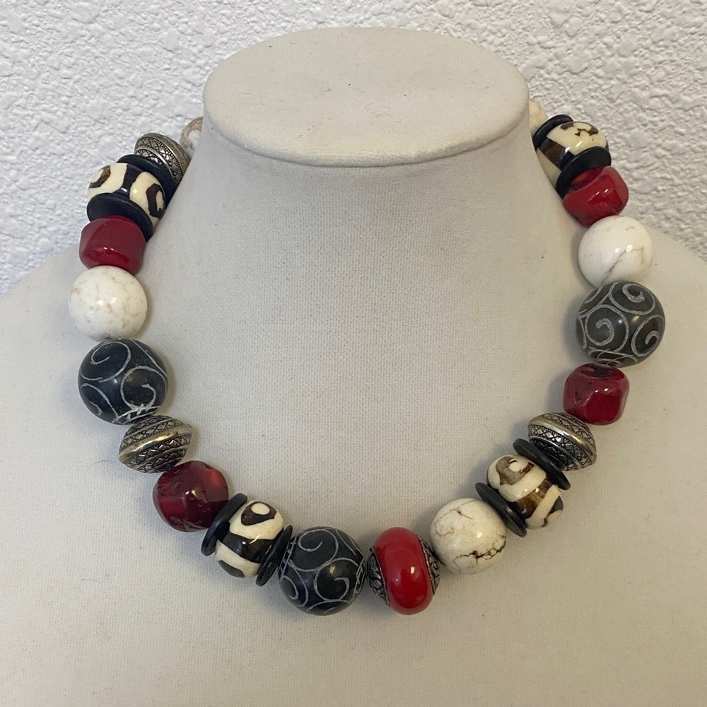 Vintage Batik Bone and Coral Necklace with Tibetan Agate/Silver Beads, 18”/20”